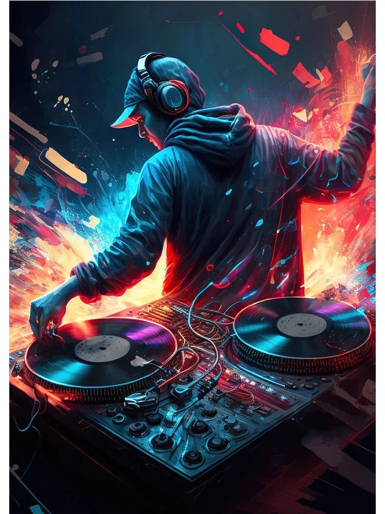 Black vinyl records on a dj turntable with glowing blue and purple lighting as neon design music abstract wall art canvas