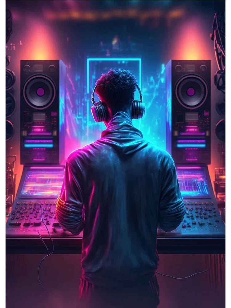 A person wearing black cool dj headphones stands before glowing neon design music abstract wall art for bar club decor