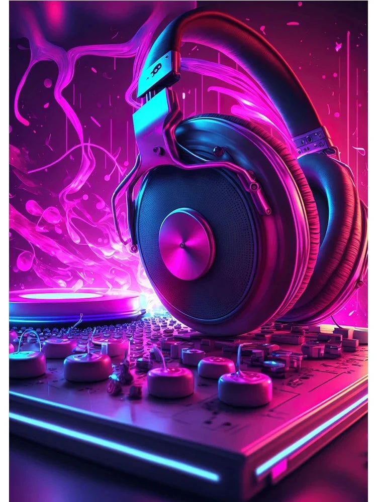 Glossy black over-ear cool dj headphone with metallic pink accents in neon design music abstract wall art canvas