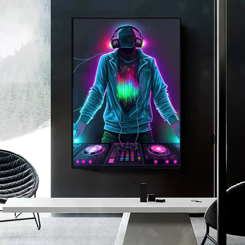 Neon design music abstract wall art canvas featuring a cool dj headphone with glowing cyan and magenta colors