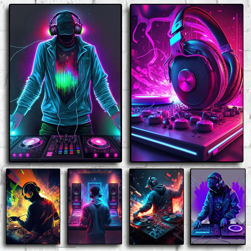 Neon design music cool dj headphone canvas painting featuring vibrant blue and magenta abstract wall art for decor