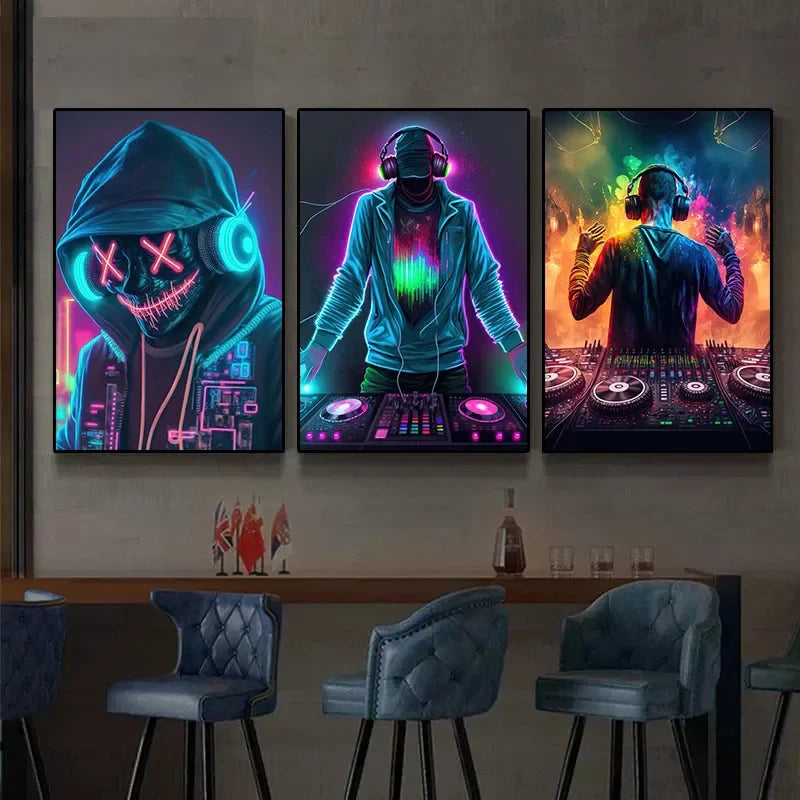 Three framed neon design music canvas prints featuring cool dj headphone abstract wall art in vibrant glowing colors