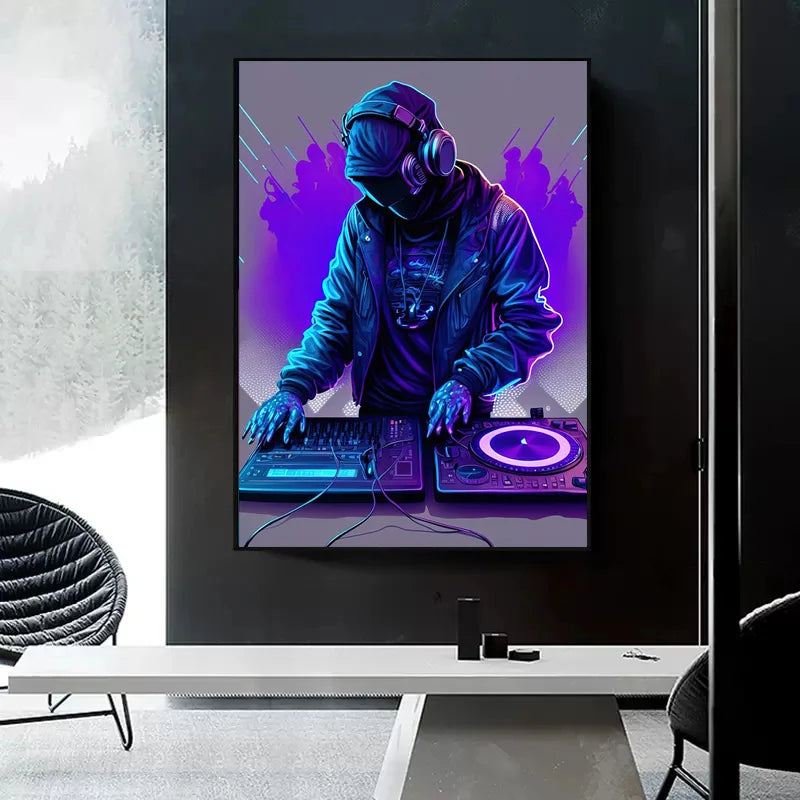 Framed neon design music poster featuring vibrant blue and purple cool dj headphone abstract wall art for home decor