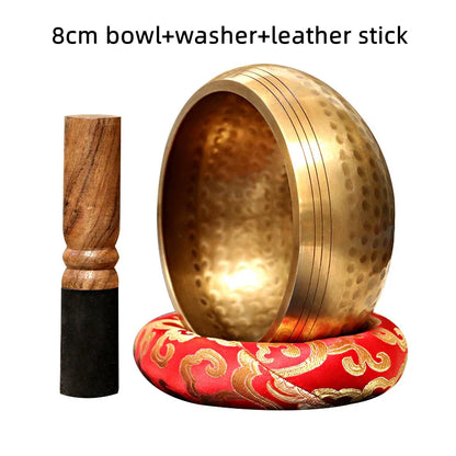 Golden 8cm tibetan buddha sound bowl brass chime with hammered texture on red embroidered cushion for sound bowl yoga