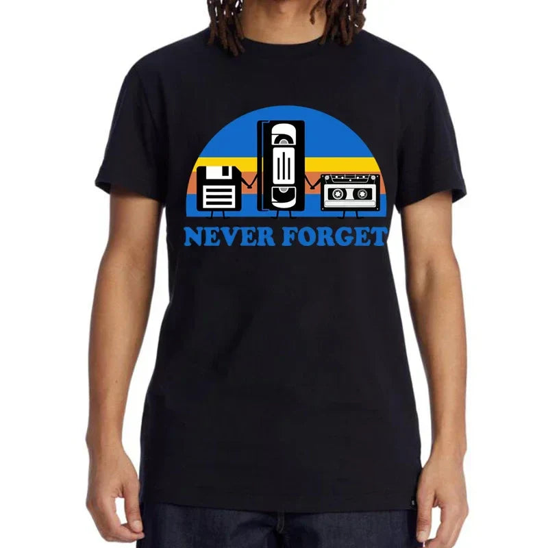 Black cotton loose male tshirt with a forget sarcastic graphic of vhs tape floppy disk and cassette under sunset in blue text