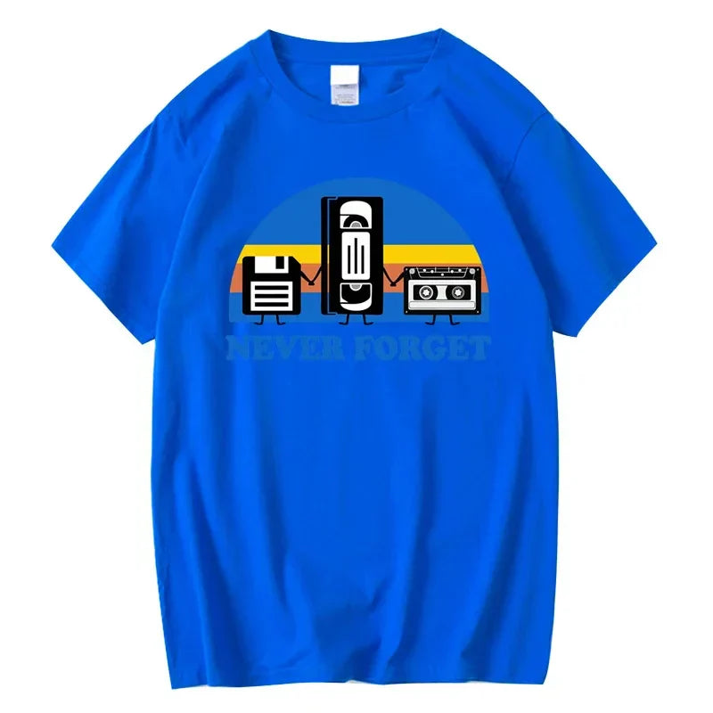 Bright blue 100% cotton loose male tshirt with forget sarcastic graphic of vintage media and casual breathable short sleeve