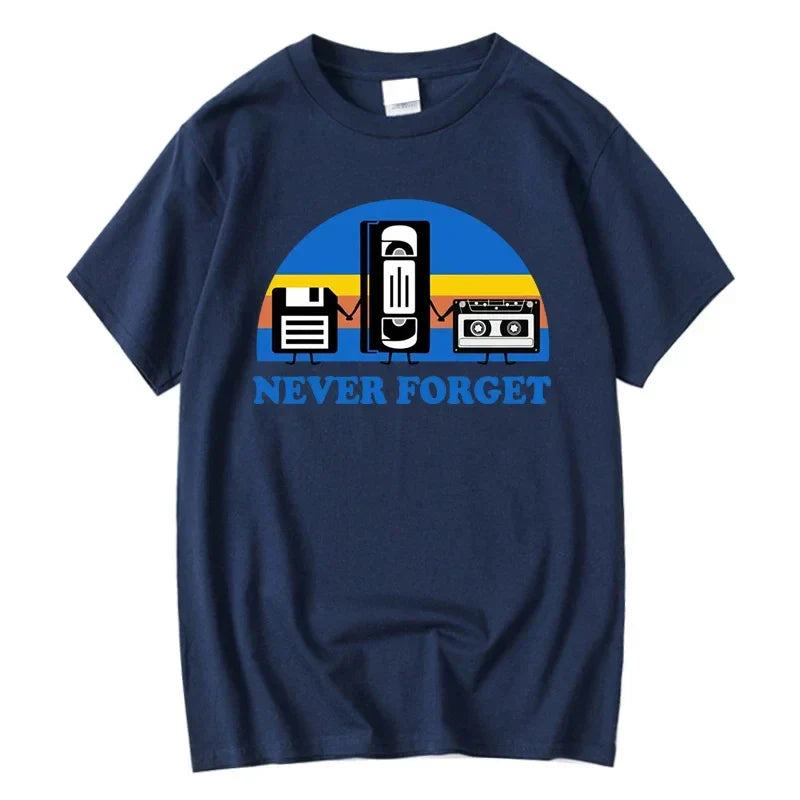 Navy blue 100% cotton loose male tshirt with forget sarcastic graphic of vintage media devices in casual breathable short sleeve