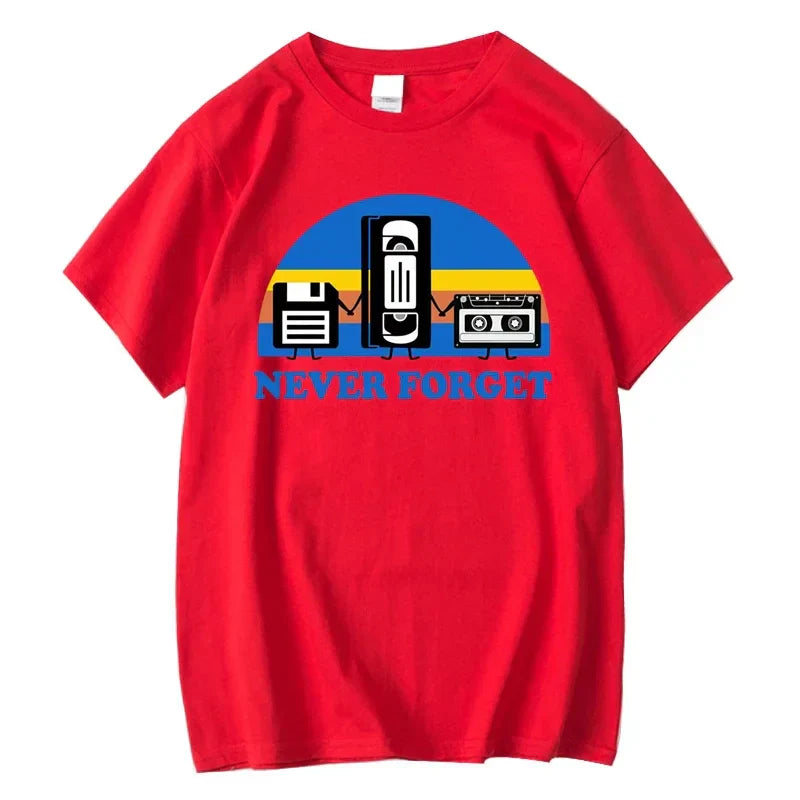Red cotton loose male tshirt with forget sarcastic graphic of vintage media and casual breathable short sleeve design