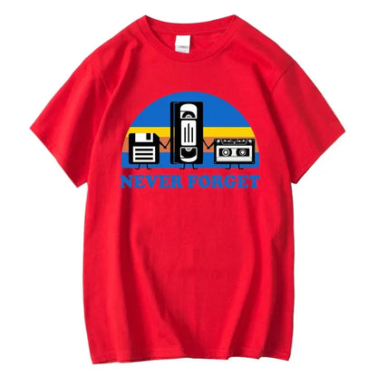 Red cotton loose male tshirt with forget sarcastic graphic of vintage media and casual breathable short sleeve design