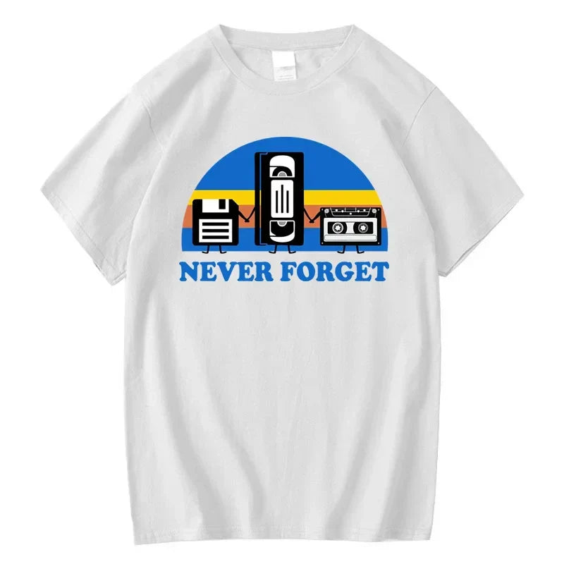 White 100% cotton loose male tshirt with forget sarcastic graphic retro media devices casual breathable short sleeve