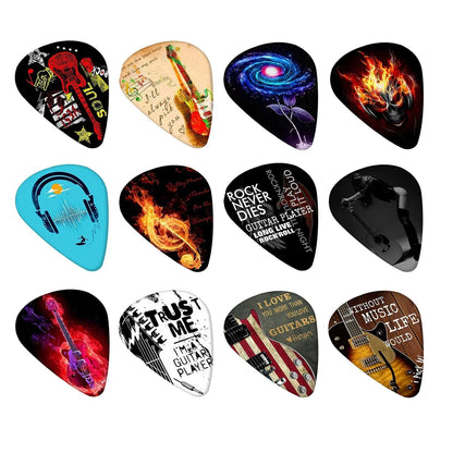 A 12pcs set guitar featuring colorful cartoon couples acoustic guitar picks and vibrant musical instrument accessories designs