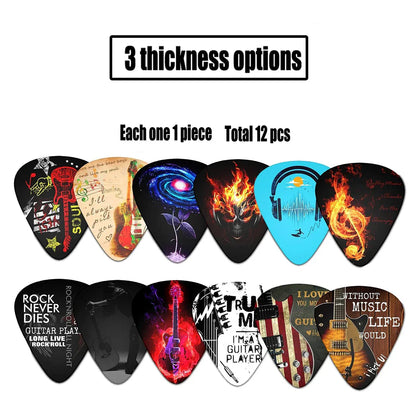 A 12pcs set guitar featuring colorful acoustic guitar picks with vibrant graphics for musical instrument accessories