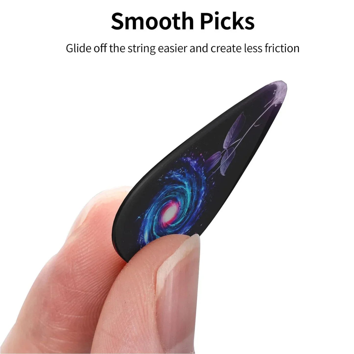 A sleek black guitar pick with vibrant cosmic galaxy design included in a 12pcs set guitar acoustic guitar picks musical instrument accessories