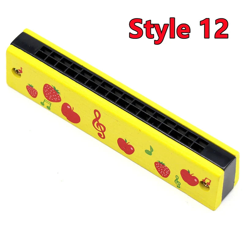 Bright yellow wooden harmonica musical toy with red strawberry and apple decals for puzzle early education teaching
