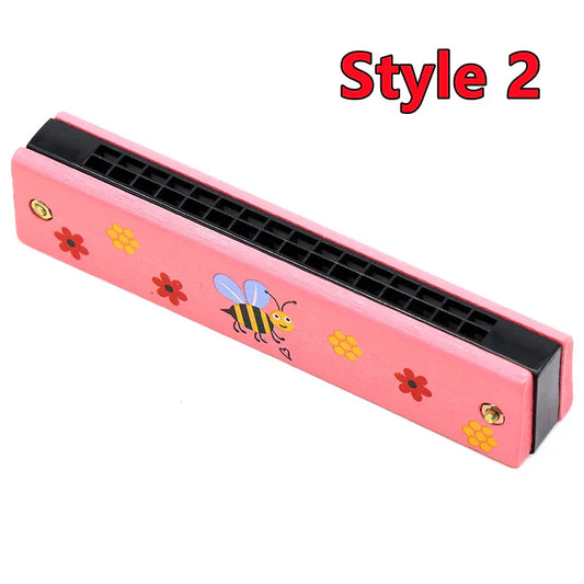 Pink wooden harmonica musical toy with cartoon bee red and yellow flowers black reed plates for puzzle early education