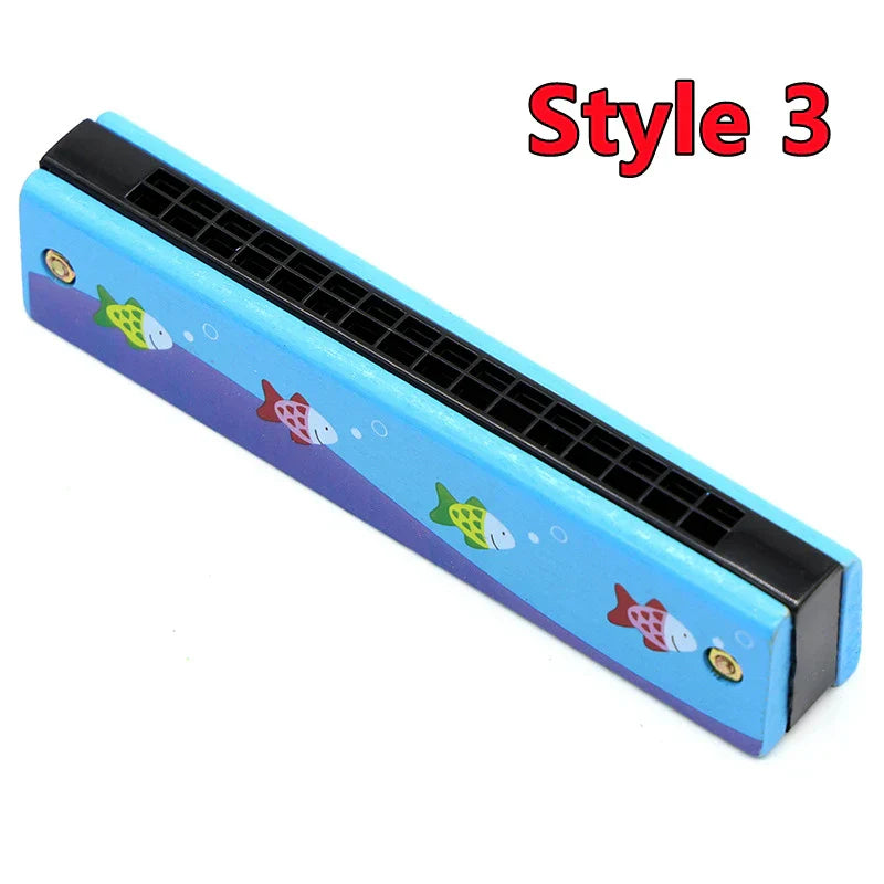 Blue wooden harmonica musical toy with colorful fish decals and black reed plates for early education teaching aids