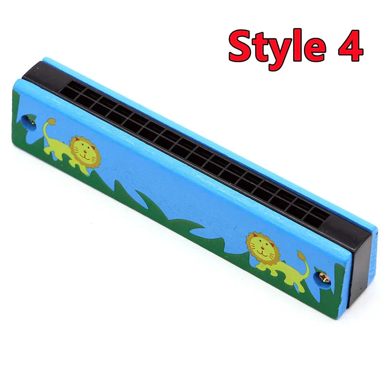 Blue wooden harmonica musical instrument with cartoon lions and black mouthpiece for toys music teaching and early education puzzle