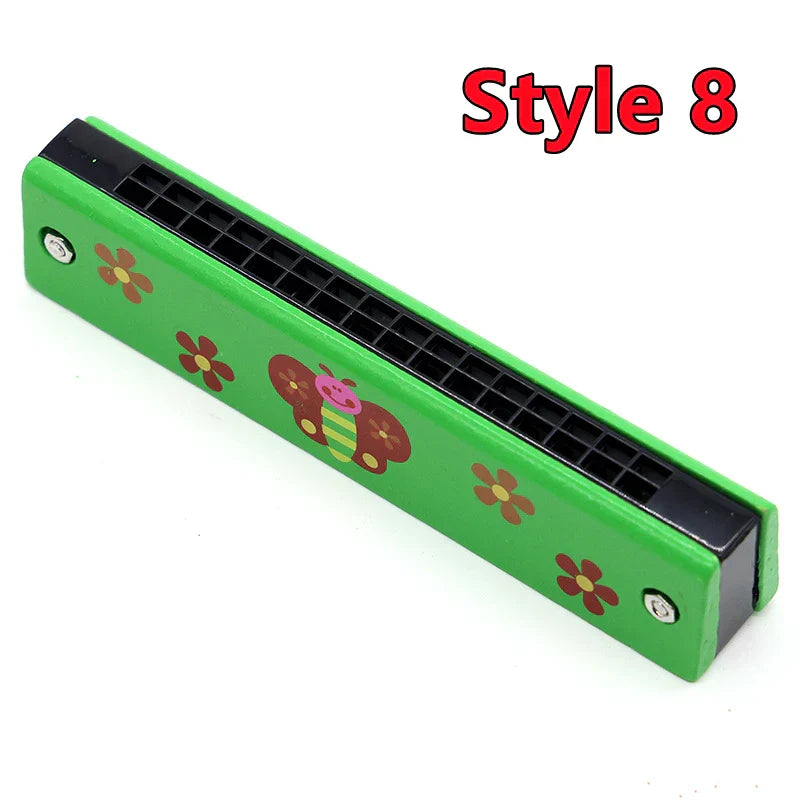 Green plastic harmonica with black reed plates and cartoon bee decals for wooden harmonica musical toys music teaching