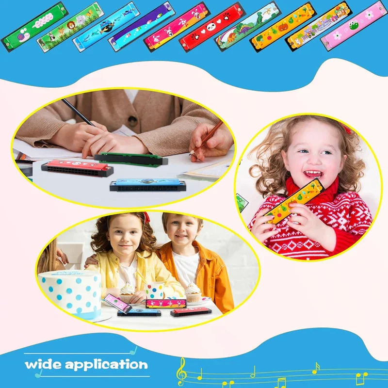 Colorful plastic children’s harmonicas with playful animal and nature designs for toys music teaching and puzzle early education