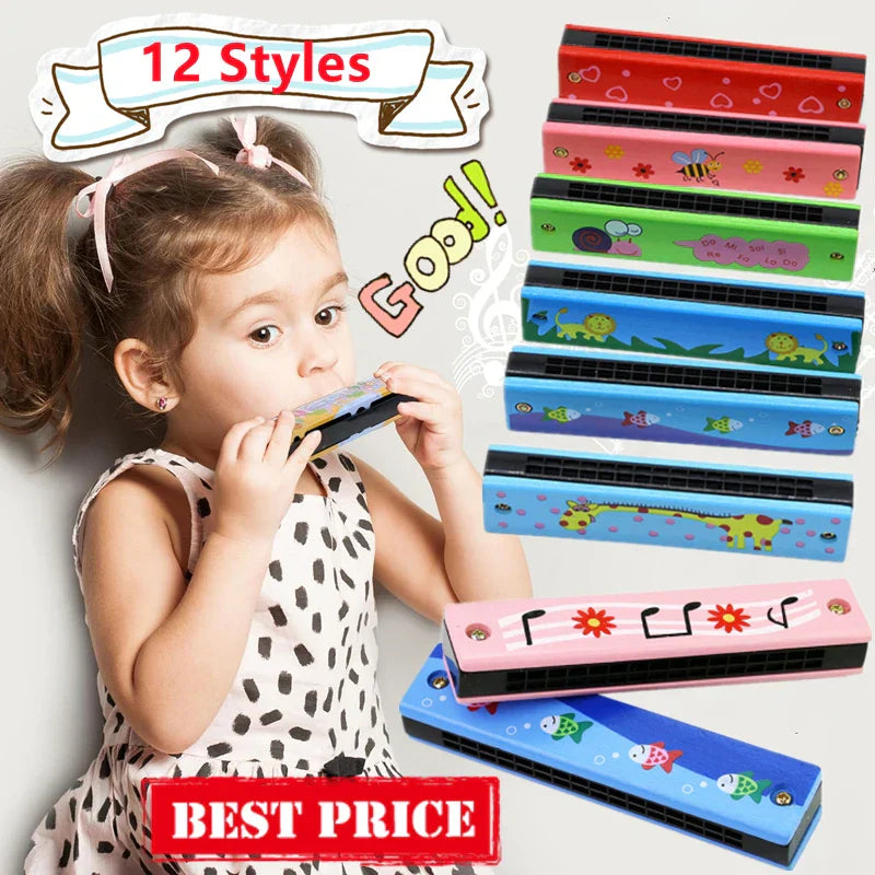 Colorful 16 holes wooden harmonica musical toy with animal and musical designs for puzzle early education beginners