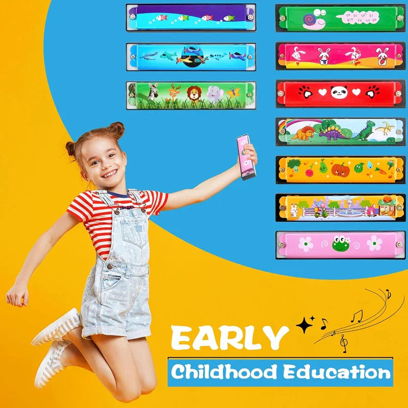 Pink wooden harmonica musical toy with cartoon frog design for children puzzle early education and music teaching aids