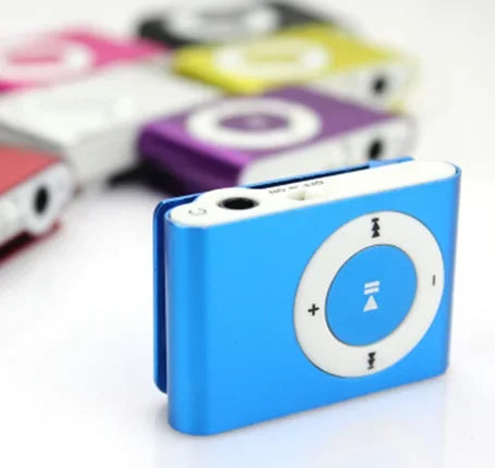 Blue rectangular mini mp3 player with circular control pad and silver accents featuring stylish design and support tf card