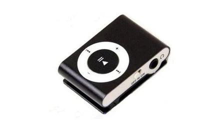 Black rectangular mini mp3 player with circular white control dial and silver accents supports tf card stylish design fashionable