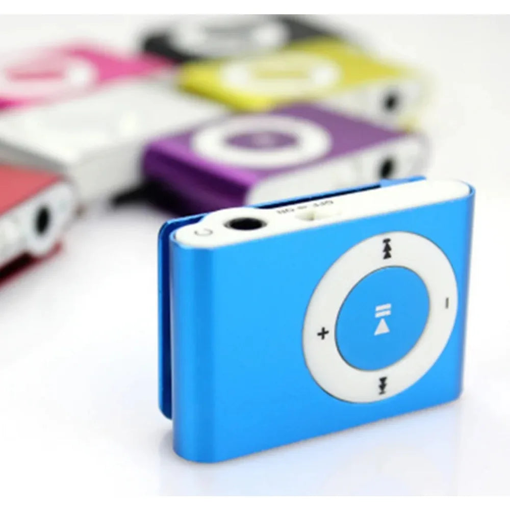 Blue rectangular mini mp3 player with white circular control pad features stylish design and support tf card functionality