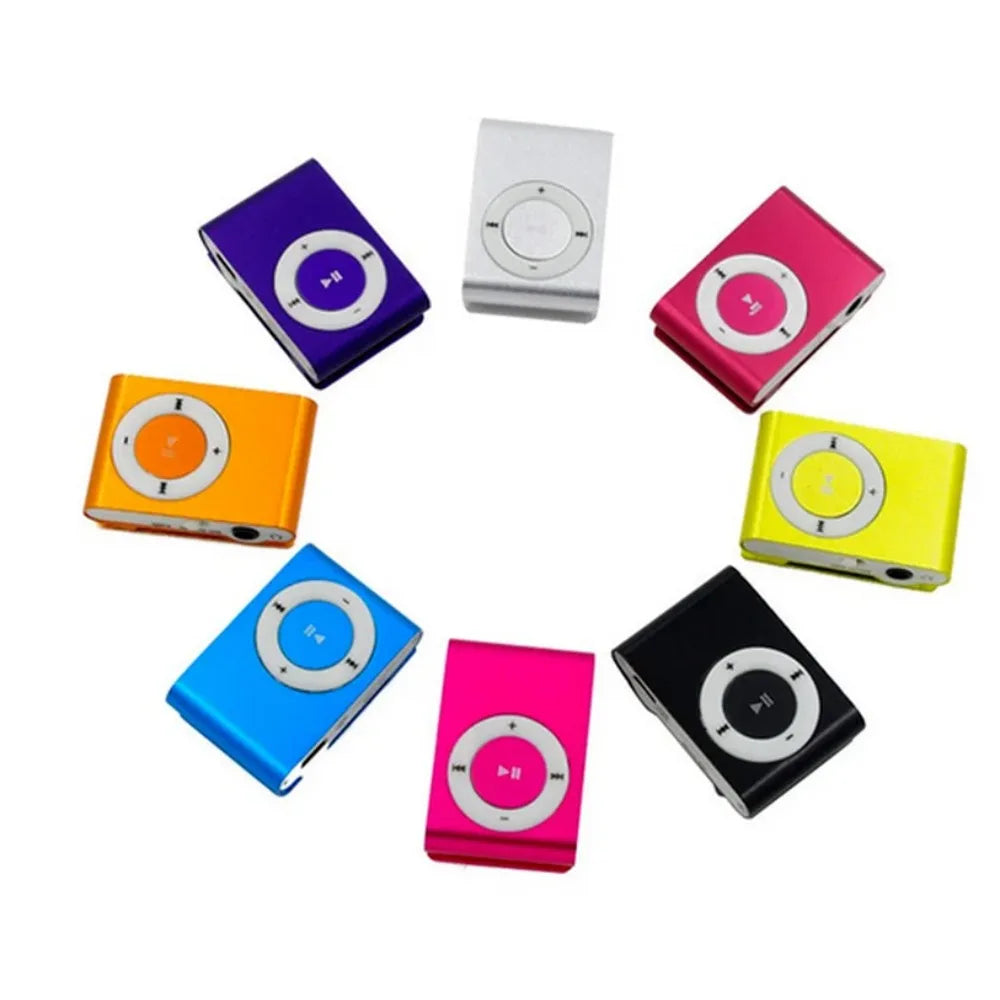 A collection of colorful mini mp3 players with circular control pads, metallic finish, stylish design, and support tf card