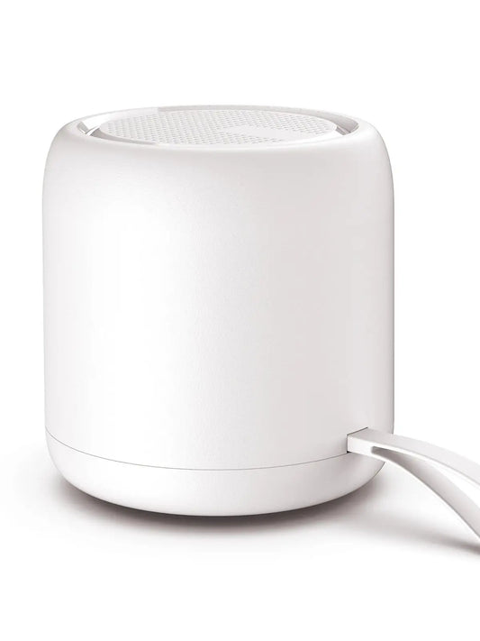 White cylindrical portable speaker with smooth matte finish and circular mesh grille for camping bluetooth audio and mini subwoofer portable use