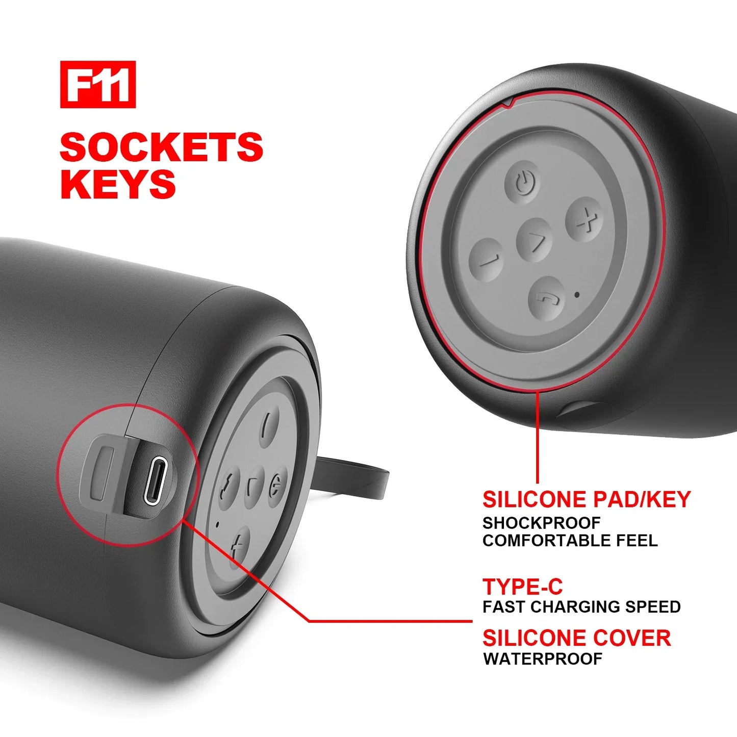 Black cylindrical mini subwoofer portable speaker with silicone buttons and type-c port for camping bluetooth audio use