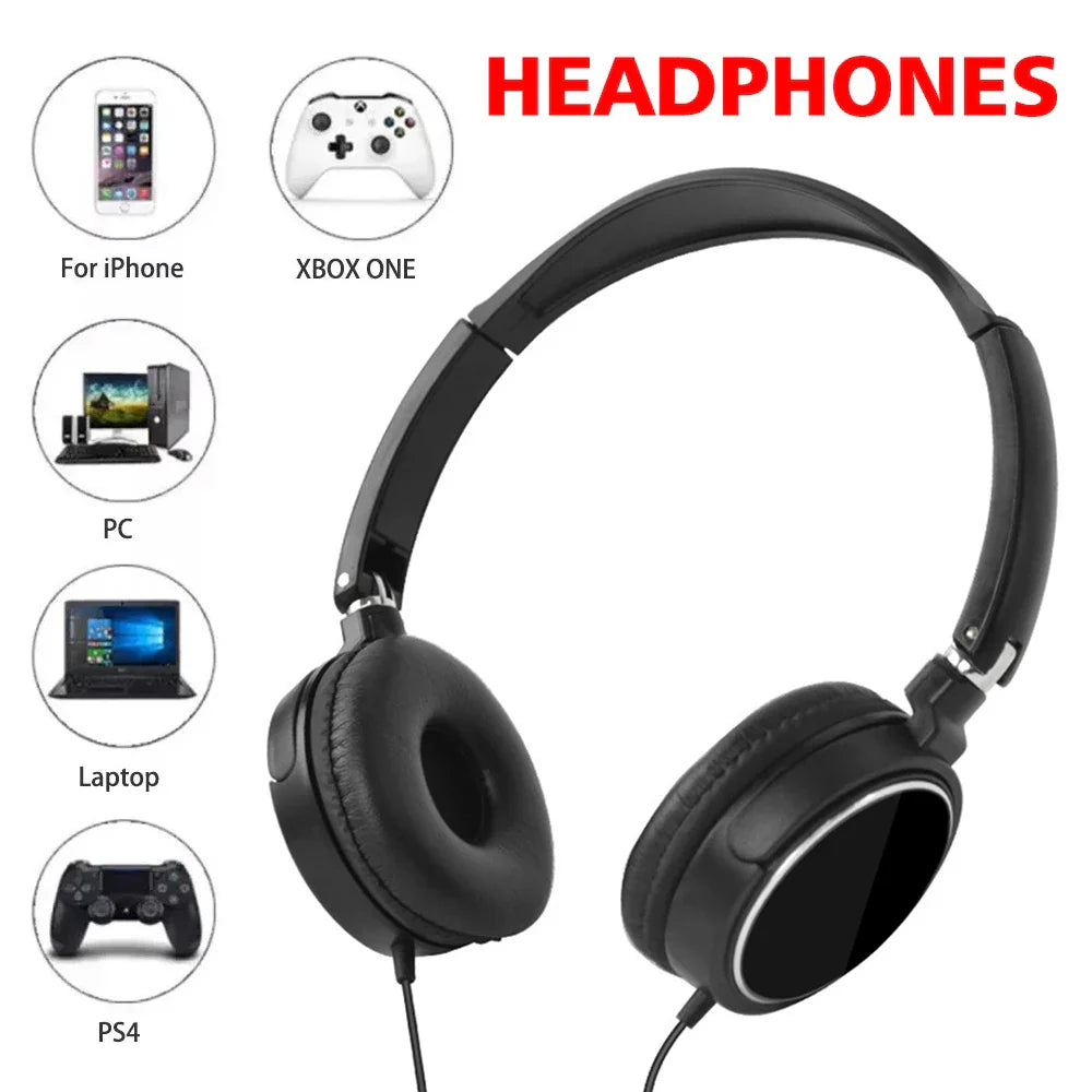 Black foldable wired headphones with padded earcups and glossy finish featuring bass stereo fashion for pc and smartphones