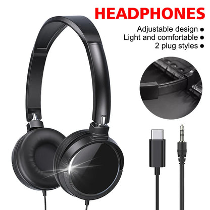 Black wired headphones foldable with sleek adjustable headband and circular earcups for bass stereo fashion use