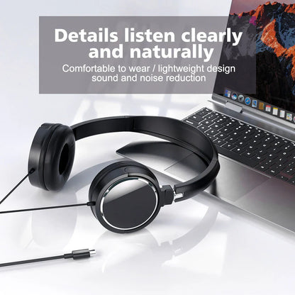 Black foldable headphones bass with silver accents wired headphones foldable for pc smartphones and tablets
