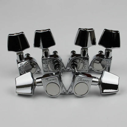 Chrome finished ibanez acoustic guitar tuning machines with black square knobs shown from the back side