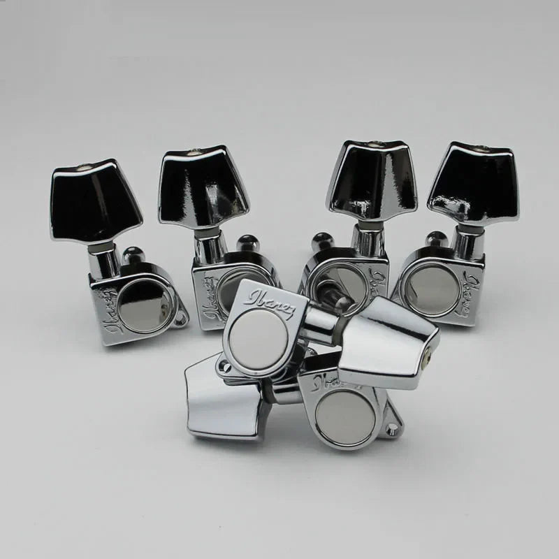 Set of six chrome finished ibanez guitar tuning machines with black square knobs for acoustic artist artcore models