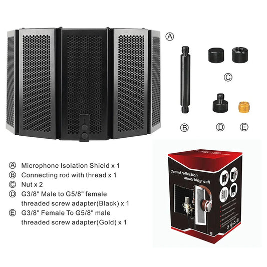 Black hexagonal perforated foldable studio microphone isolation shield with sound absorber foam for recording use