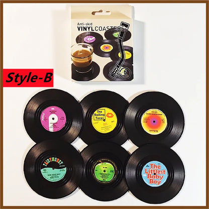Set of six black retro vinyl record cup coasters with colorful vintage labels heat resistant music drink mats