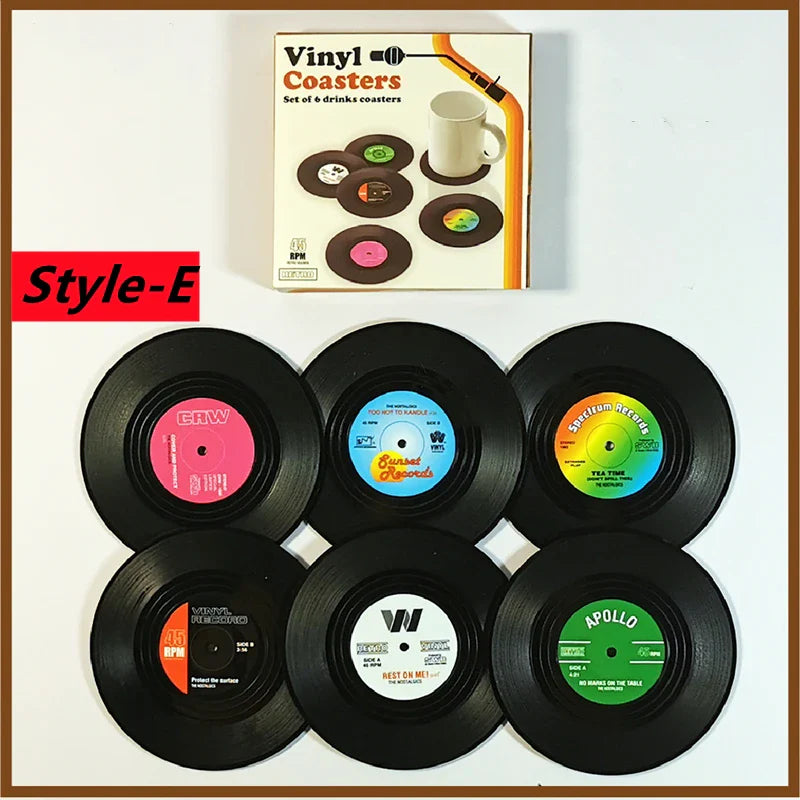 Set of six heat resistant music vinyl record cup coasters with colorful retro vinyl record labels for coffee mugs