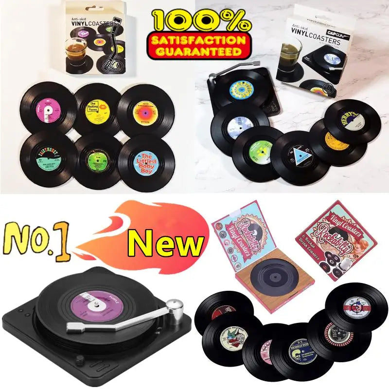 Black retro vinyl record cup coasters with colorful labels and a miniature turntable heat resistant music mug mats