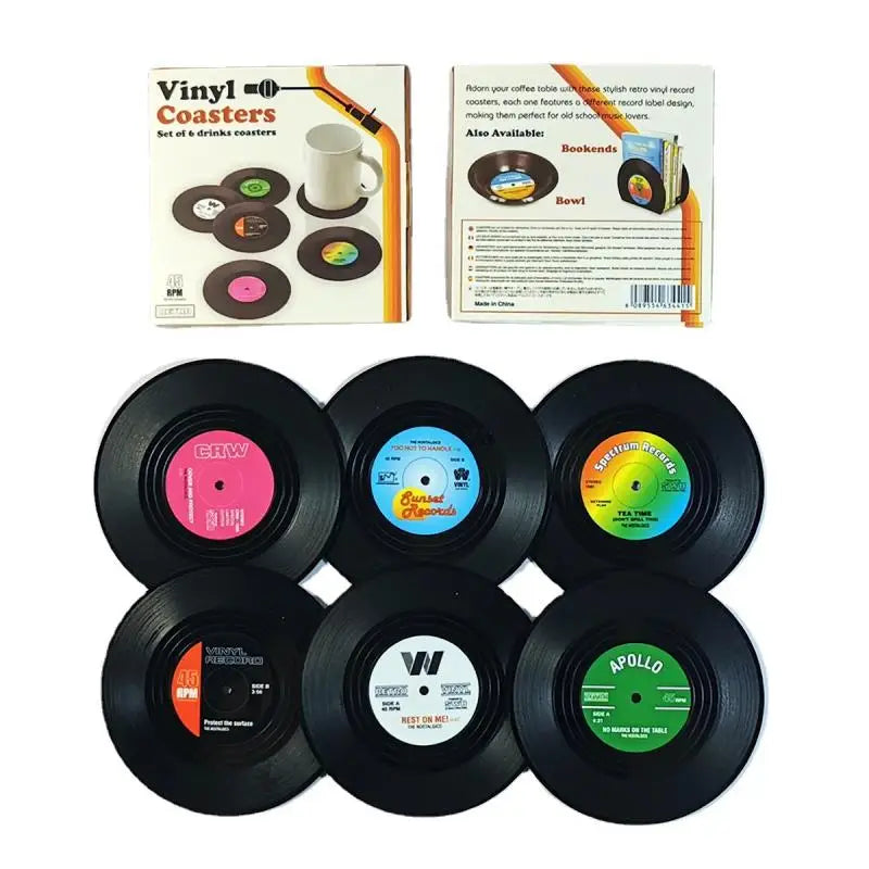 Set of six black retro vinyl record cup coasters with colorful labels heat resistant music drink mug mats