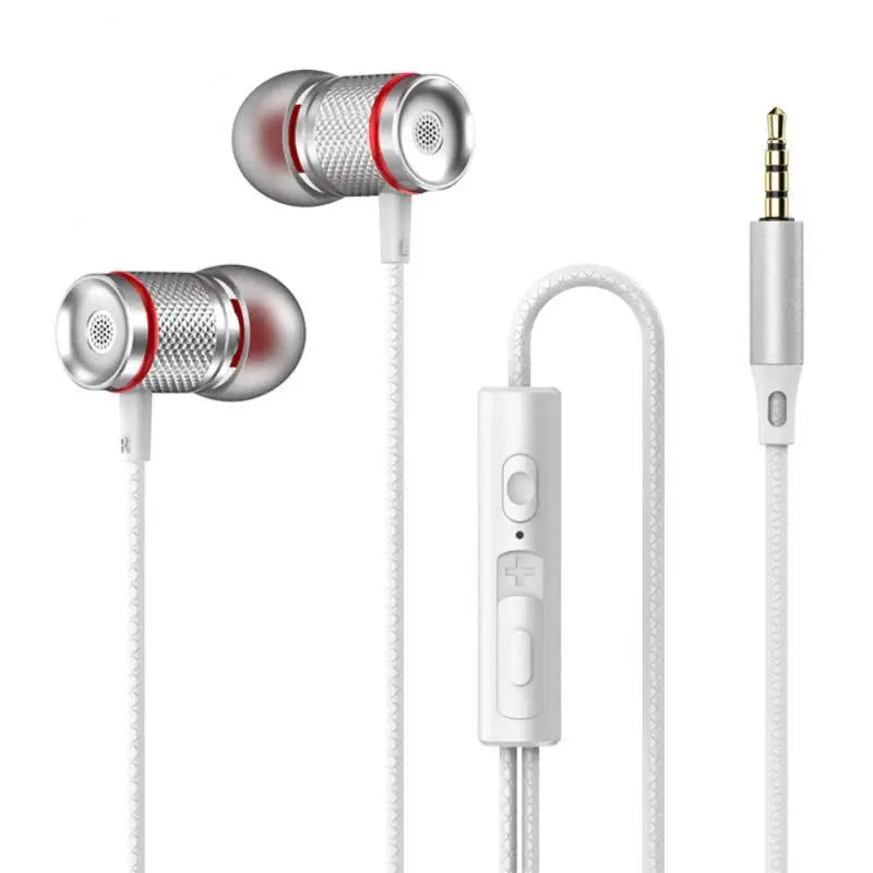 Silver and red inlayed metal surround stereo wired earbuds with white cable and inline control compatible with iphone15 samsung