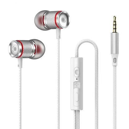 Silver and red inlayed metal surround stereo wired earbuds with white cable and inline control compatible with iphone15 samsung