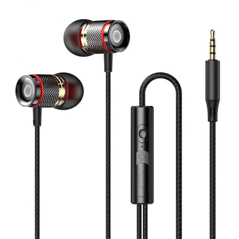 Black and red inlayed metal finish surround stereo wired earbuds with textured grille and inline control for iphone15 samsung