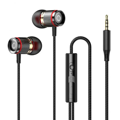 Black and red inlayed metal finish surround stereo wired earbuds with textured grille and inline control for iphone15 samsung