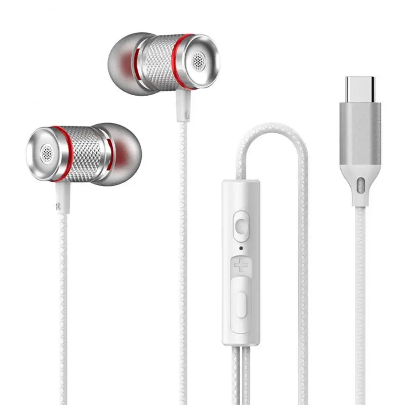 Silver and red inlayed metal surround stereo wired earbuds with inline control and usb-c compatible with iphone15 samsung