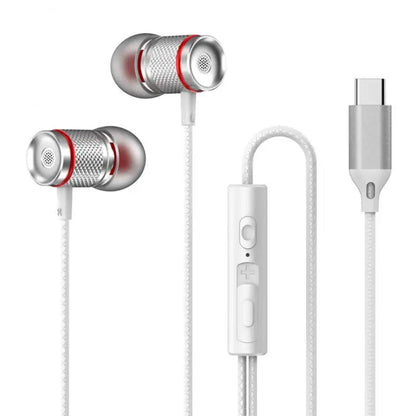 Silver and red inlayed metal surround stereo wired earbuds with inline control and usb-c compatible with iphone15 samsung