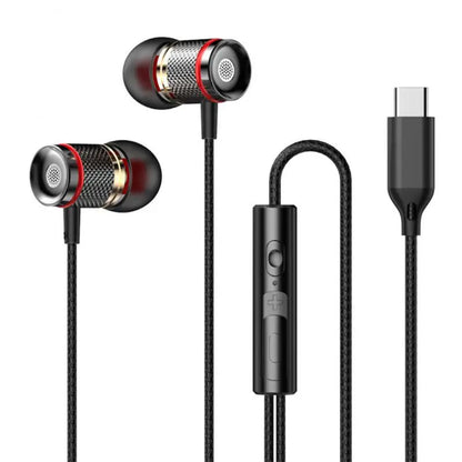 Black and red inlayed metal finished surround stereo wired earbuds with inline control and 5mm aux type-c cable for iphone15 samsung