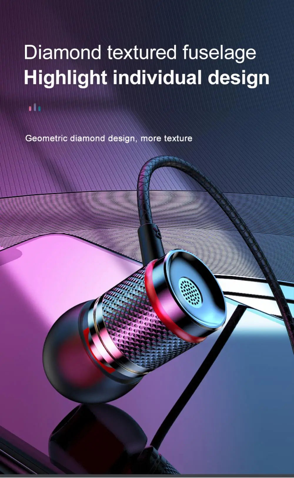 Black and red diamond textured in-ear surround stereo wired earphones with sleek metallic finish compatible with iphone15 samsung 5mm aux type-c