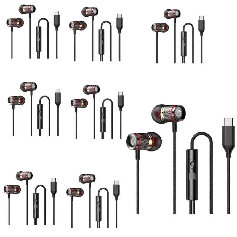 Black and red metal finished surround stereo wired earbuds with usb-c cable compatible with iphone15 samsung and 5mm aux type-c